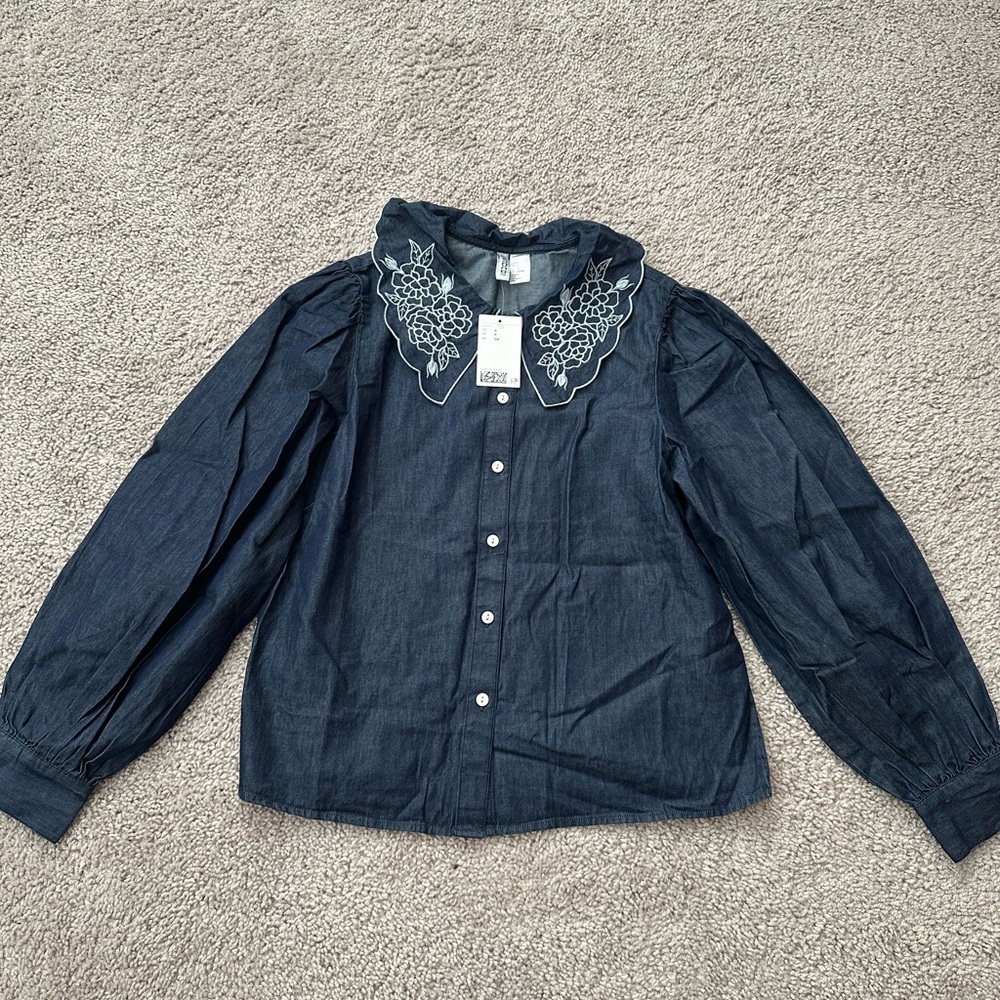 H&M Dark Blue Top with Floral Embroidery